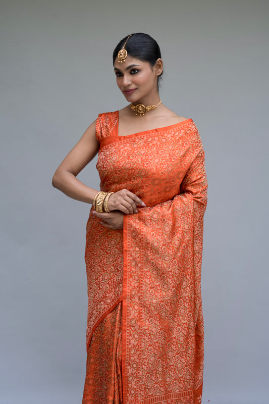 Katan Tanchoi Floral Orange Saree
