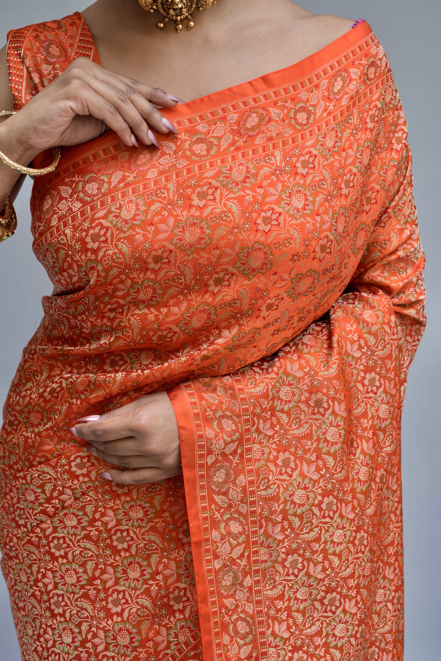 Katan Tanchoi Floral Orange Saree