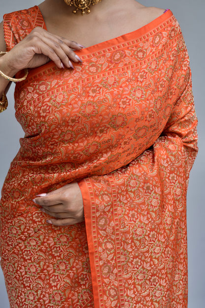 Katan Tanchoi Floral Orange Saree