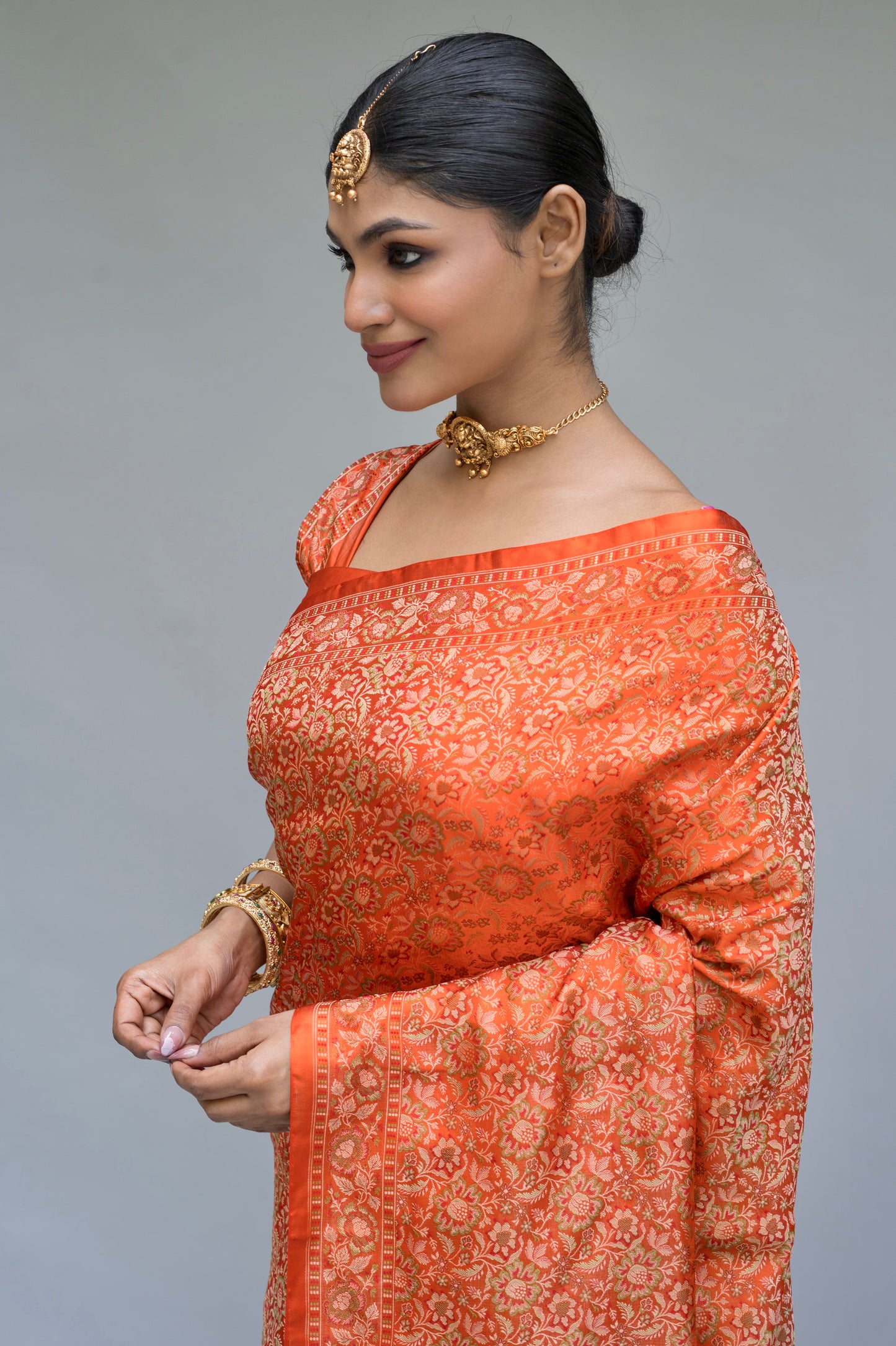 Katan Tanchoi Floral Orange Saree