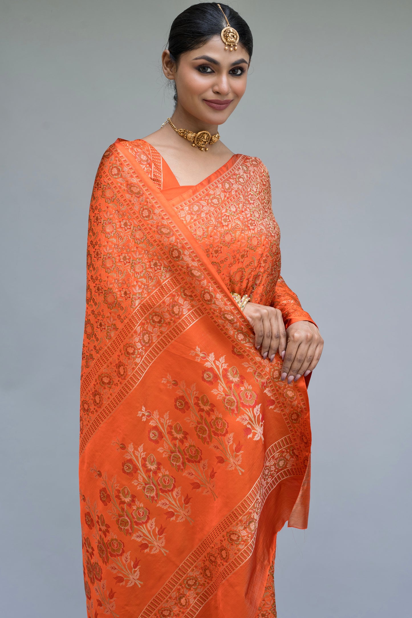 Katan Tanchoi Floral Orange Saree