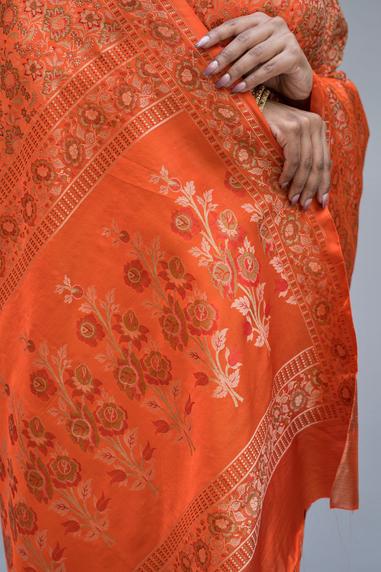 Katan Tanchoi Floral Orange Saree
