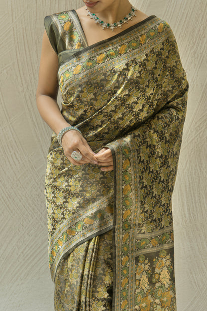 Katan Tanchoi Floral Green Saree