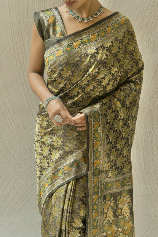 Katan Tanchoi Floral Green Saree