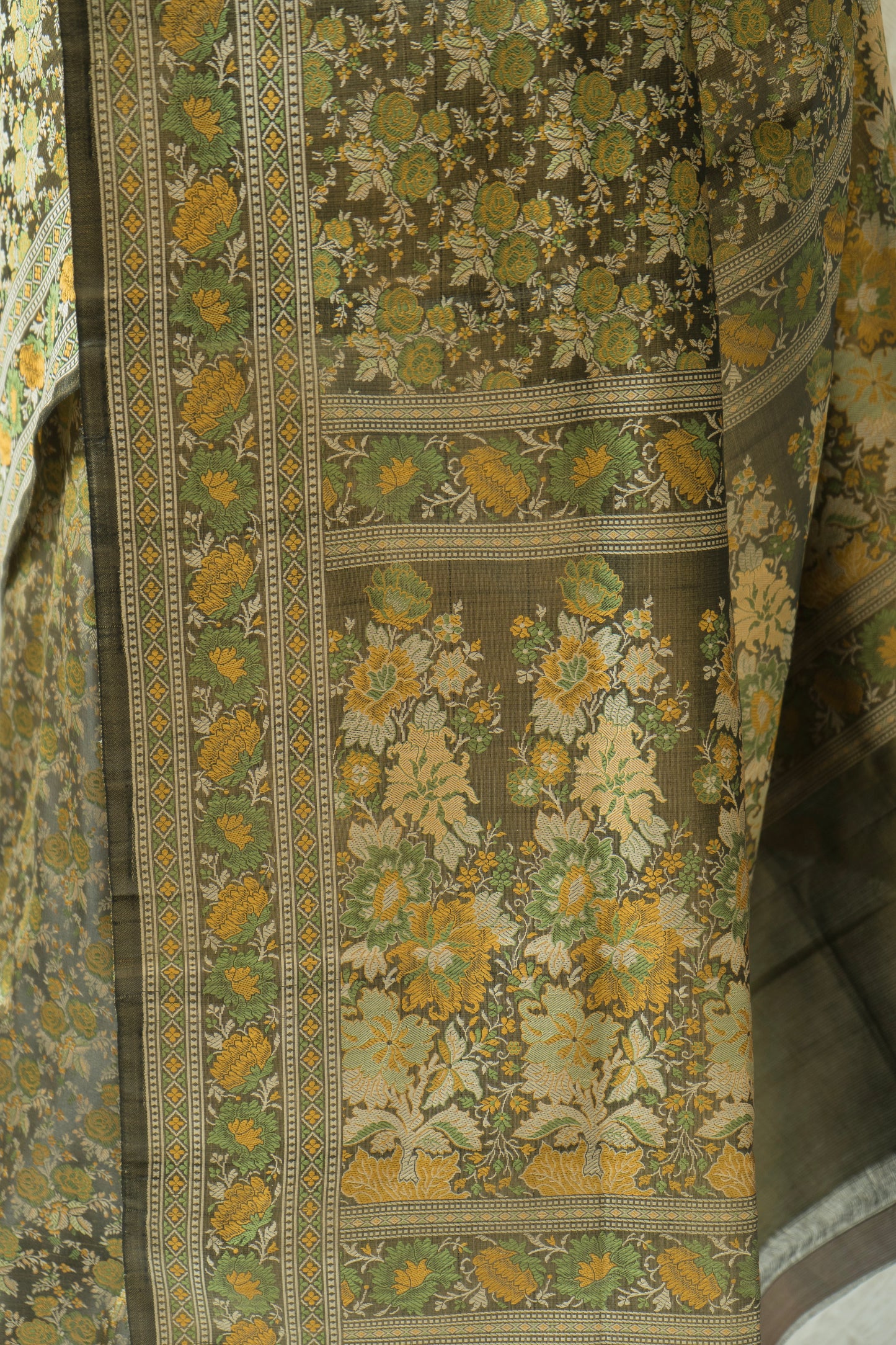 Katan Tanchoi Floral Green Saree