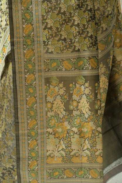 Katan Tanchoi Floral Green Saree