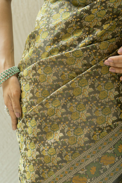 Katan Tanchoi Floral Green Saree