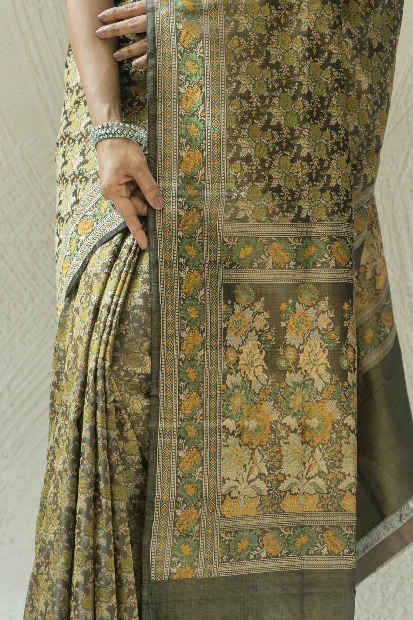 Katan Tanchoi Floral Green Saree