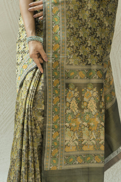 Katan Tanchoi Floral Green Saree