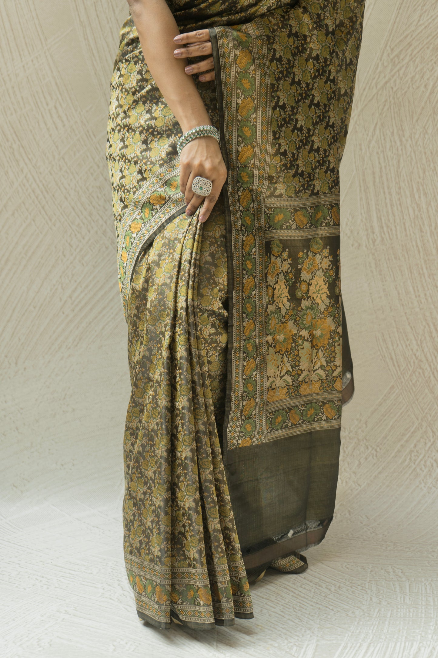 Katan Tanchoi Floral Green Saree