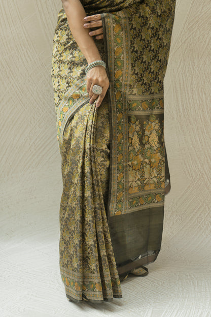 Katan Tanchoi Floral Green Saree