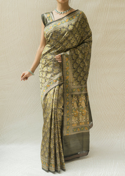 Katan Tanchoi Floral Green Saree