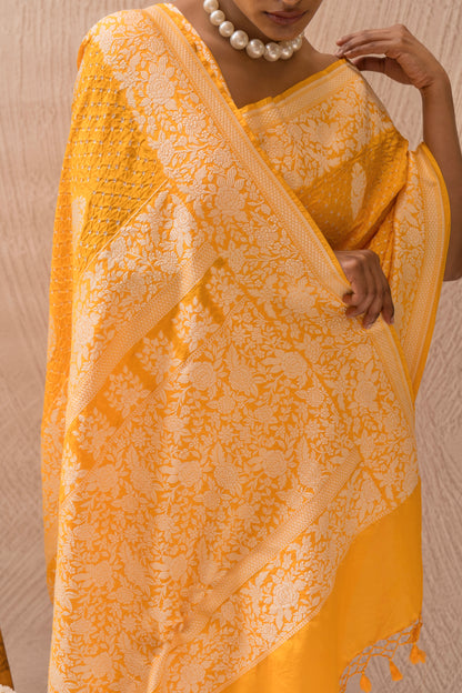 Katan Parsi Boota Yellow Bandhej Saree