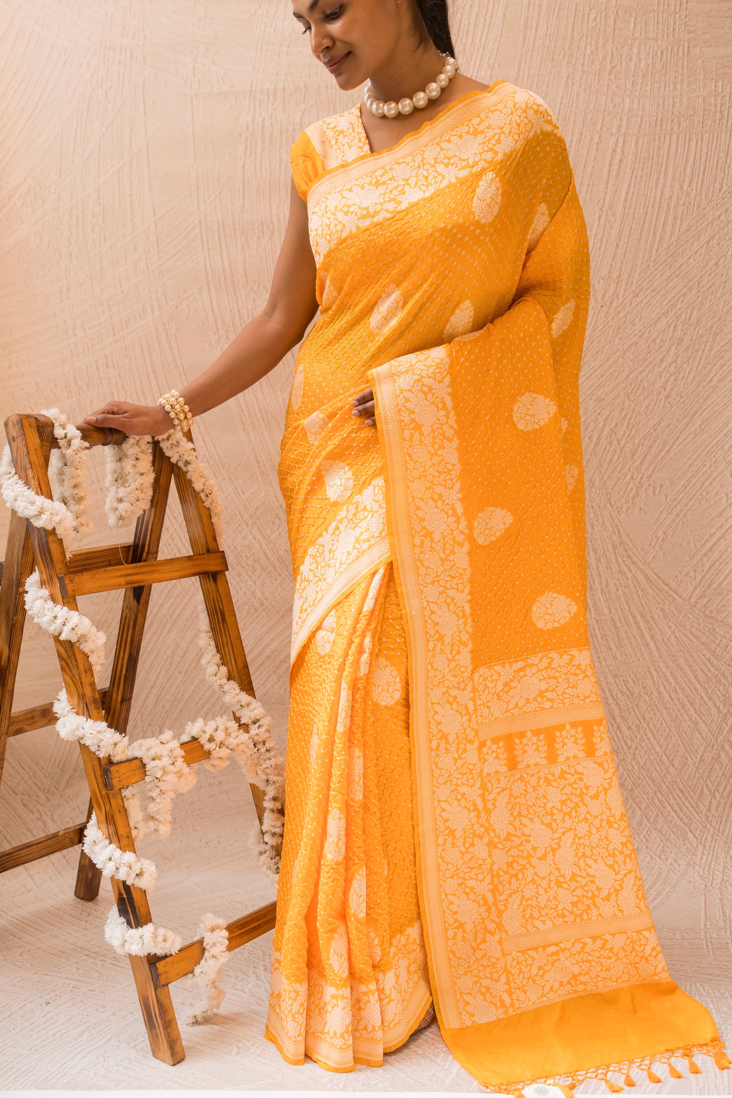 Katan Parsi Boota Yellow Bandhej Saree