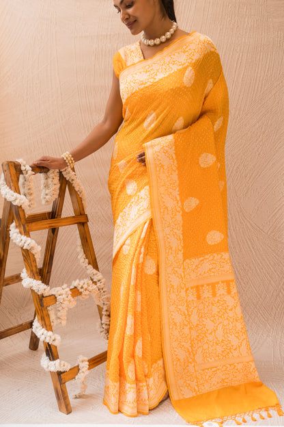 Katan Parsi Boota Yellow Bandhej Saree
