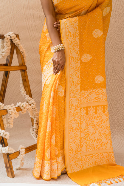 Katan Parsi Boota Yellow Bandhej Saree