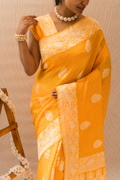Katan Parsi Boota Yellow Bandhej Saree