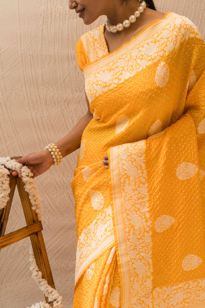 Katan Parsi Boota Yellow Bandhej Saree