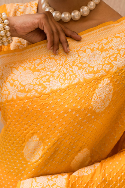 Katan Parsi Boota Yellow Bandhej Saree