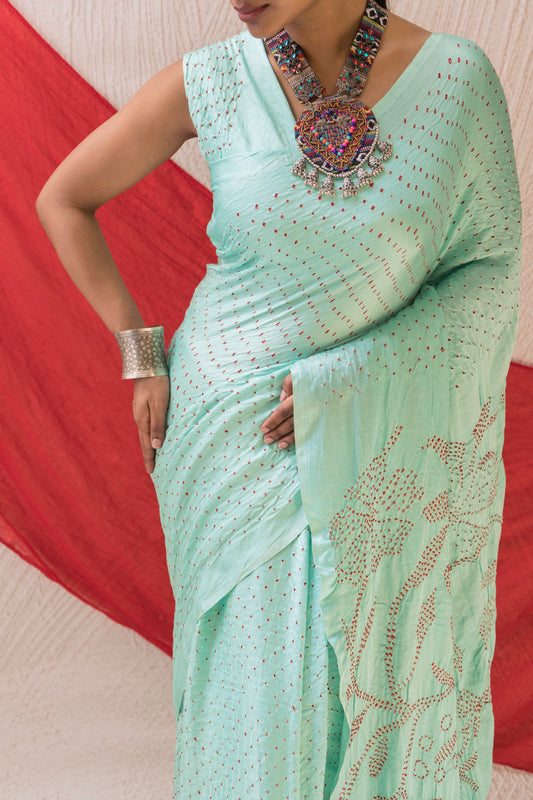 Gajji Rai Dana Sky Blue Bandhej Saree