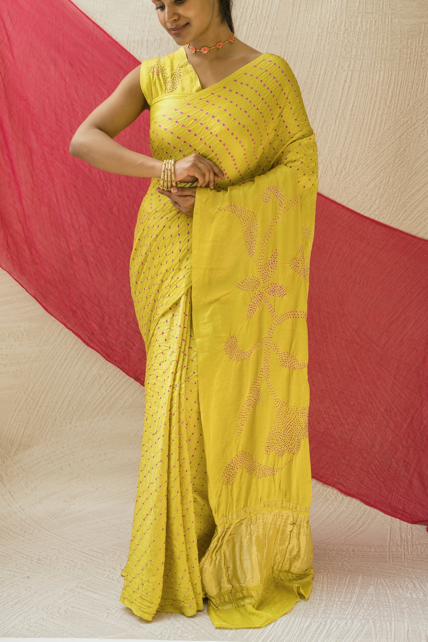 Gajji Pink Rai Dana Lime Green Bandhej Saree