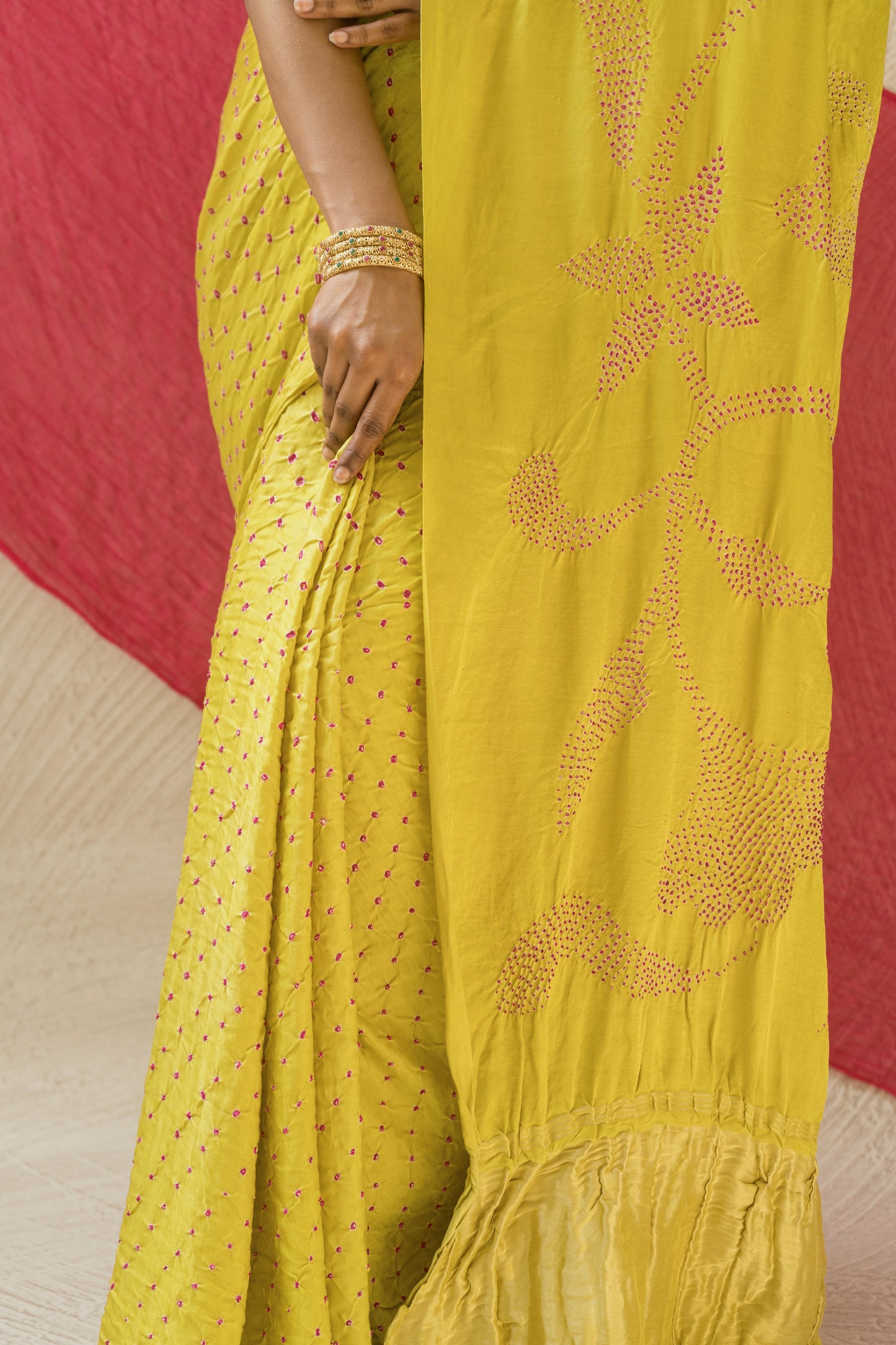 Gajji Pink Rai Dana Lime Green Bandhej Saree