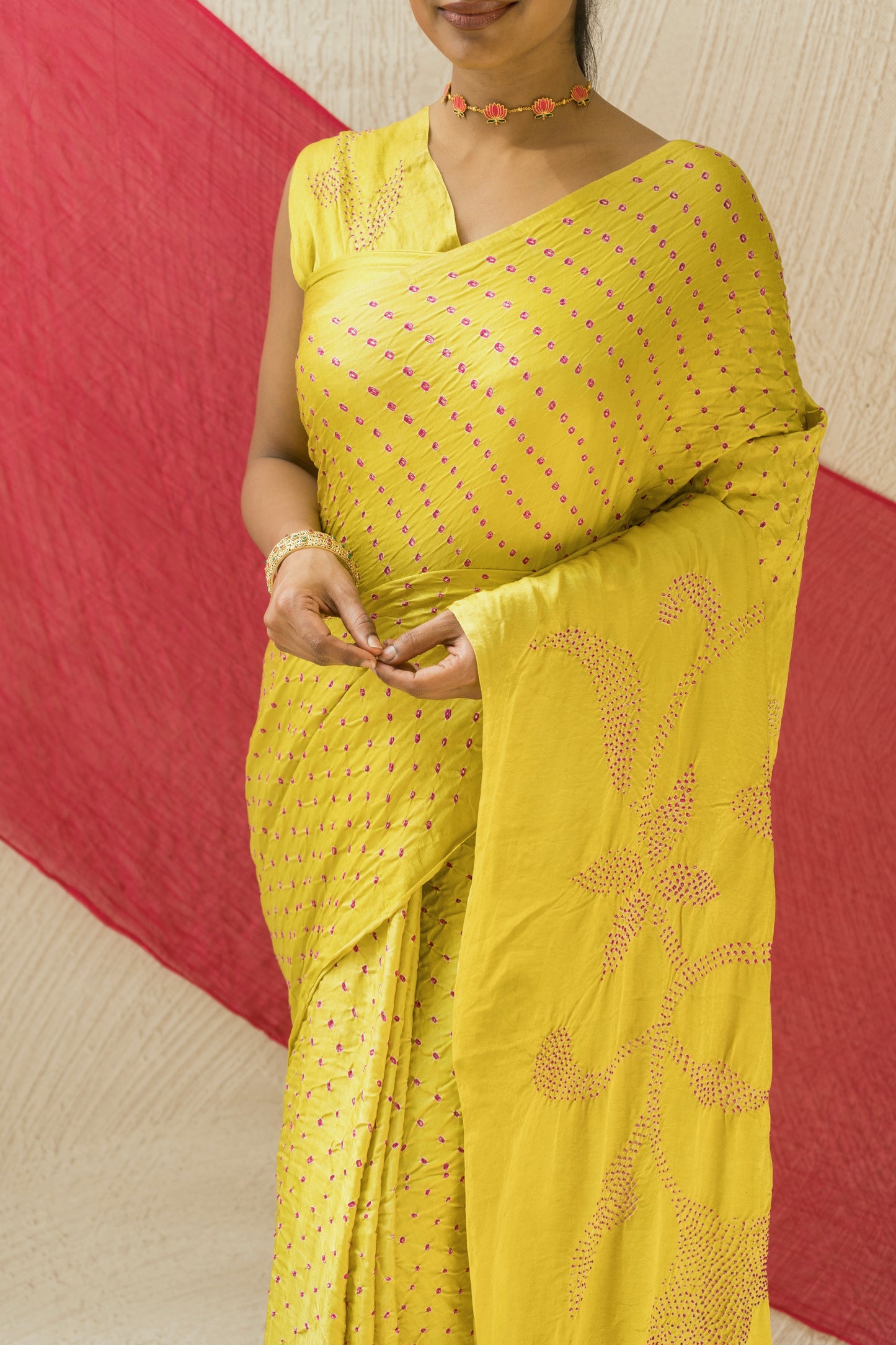 Gajji Pink Rai Dana Lime Green Bandhej Saree