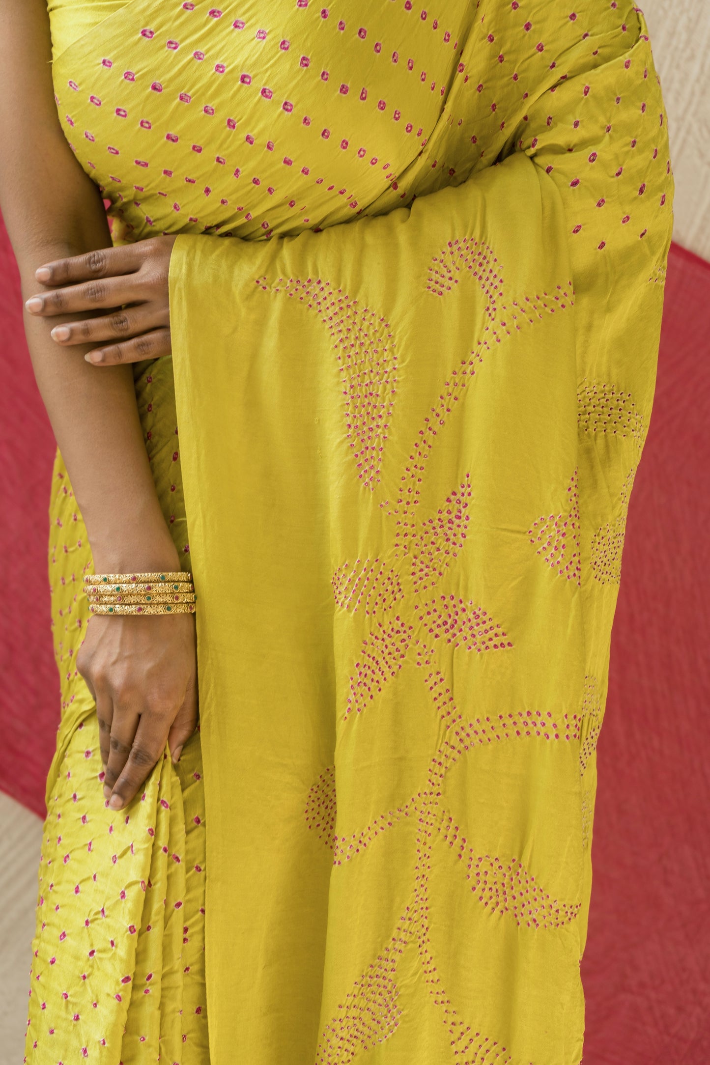 Gajji Pink Rai Dana Lime Green Bandhej Saree