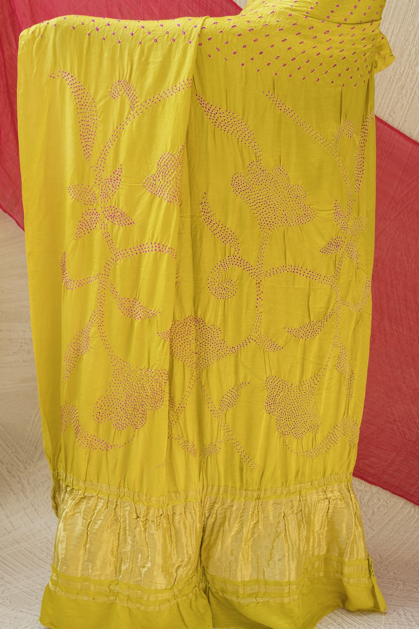 Gajji Pink Rai Dana Lime Green Bandhej Saree