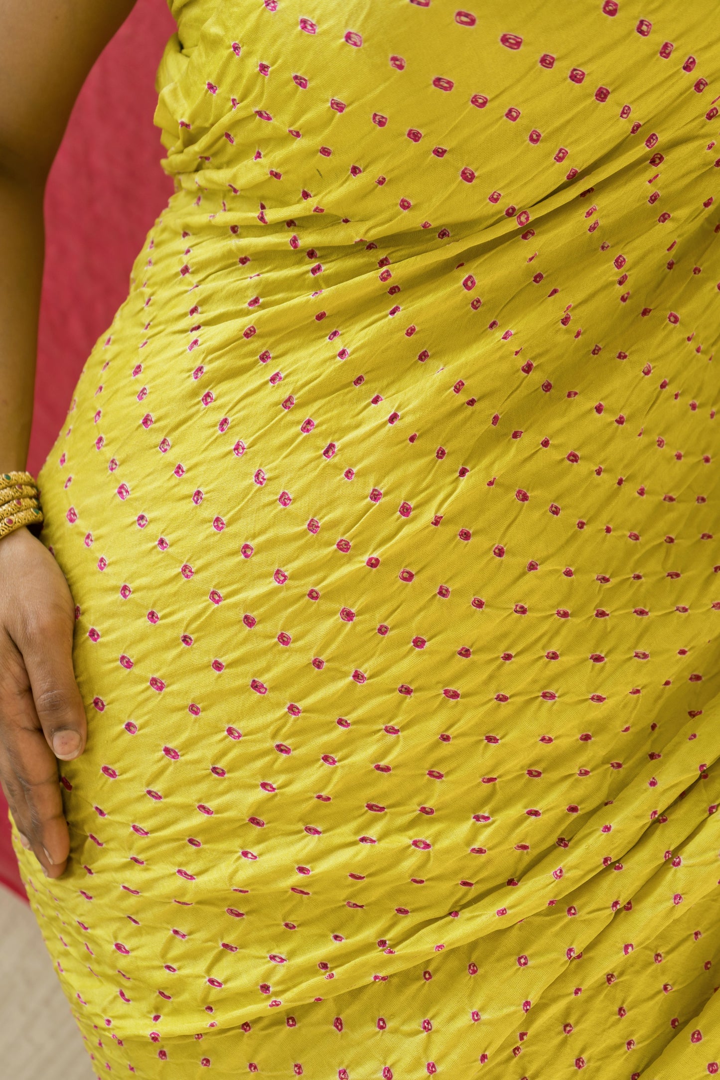 Gajji Pink Rai Dana Lime Green Bandhej Saree