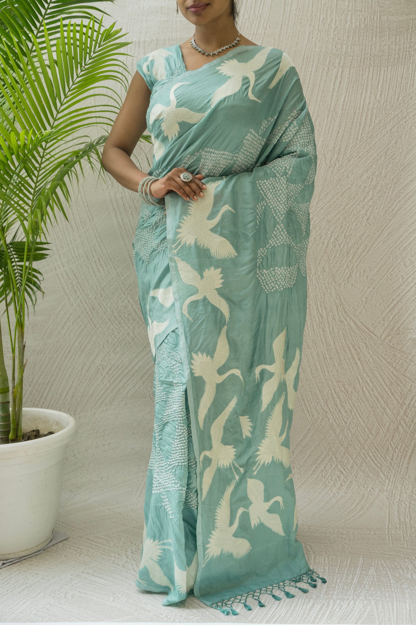 Katan Swan Motif Parsi Pastel Blue Bandhej Saree