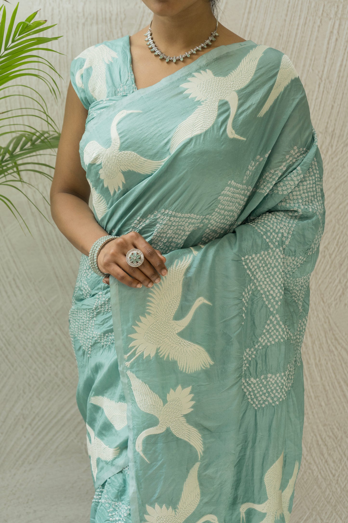 Katan Swan Motif Parsi Pastel Blue Bandhej Saree