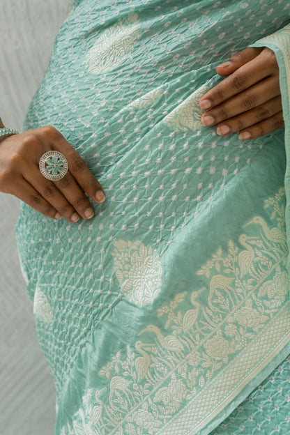 Katan Parsi Boota Swan Pastel Blue Bandhej Saree