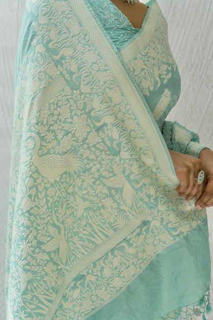 Katan Parsi Boota Swan Pastel Blue Bandhej Saree
