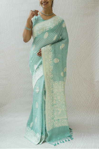 Katan Parsi Boota Swan Pastel Blue Bandhej Saree