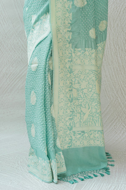 Katan Parsi Boota Swan Pastel Blue Bandhej Saree