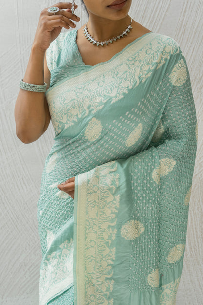 Katan Parsi Boota Swan Pastel Blue Bandhej Saree