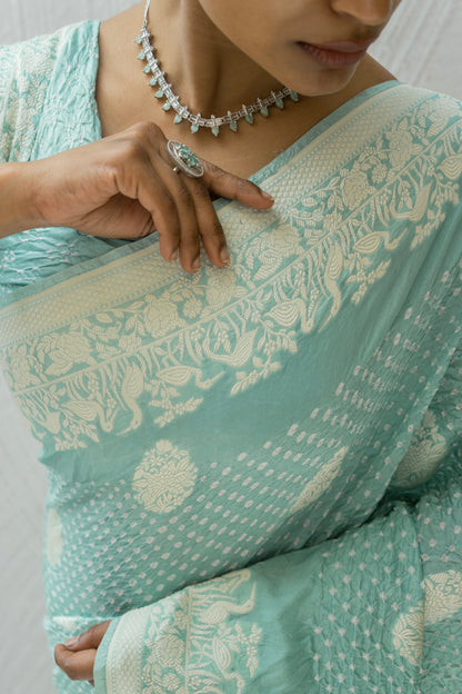 Katan Parsi Boota Swan Pastel Blue Bandhej Saree