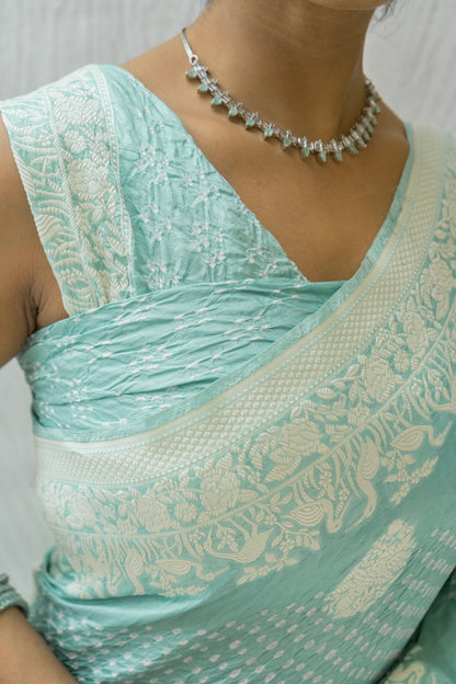 Katan Parsi Boota Swan Pastel Blue Bandhej Saree