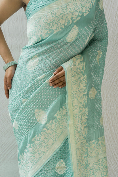 Katan Parsi Boota Swan Pastel Blue Bandhej Saree