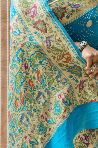 Georgette Paithani Meenakari Blue Bandhej Saree