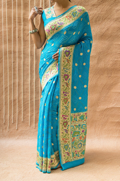 Georgette Paithani Meenakari Blue Bandhej Saree