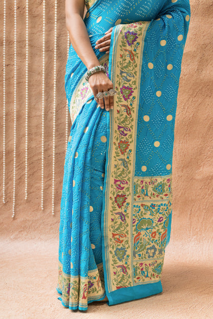 Georgette Paithani Meenakari Blue Bandhej Saree