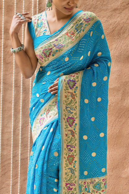 Georgette Paithani Meenakari Blue Bandhej Saree