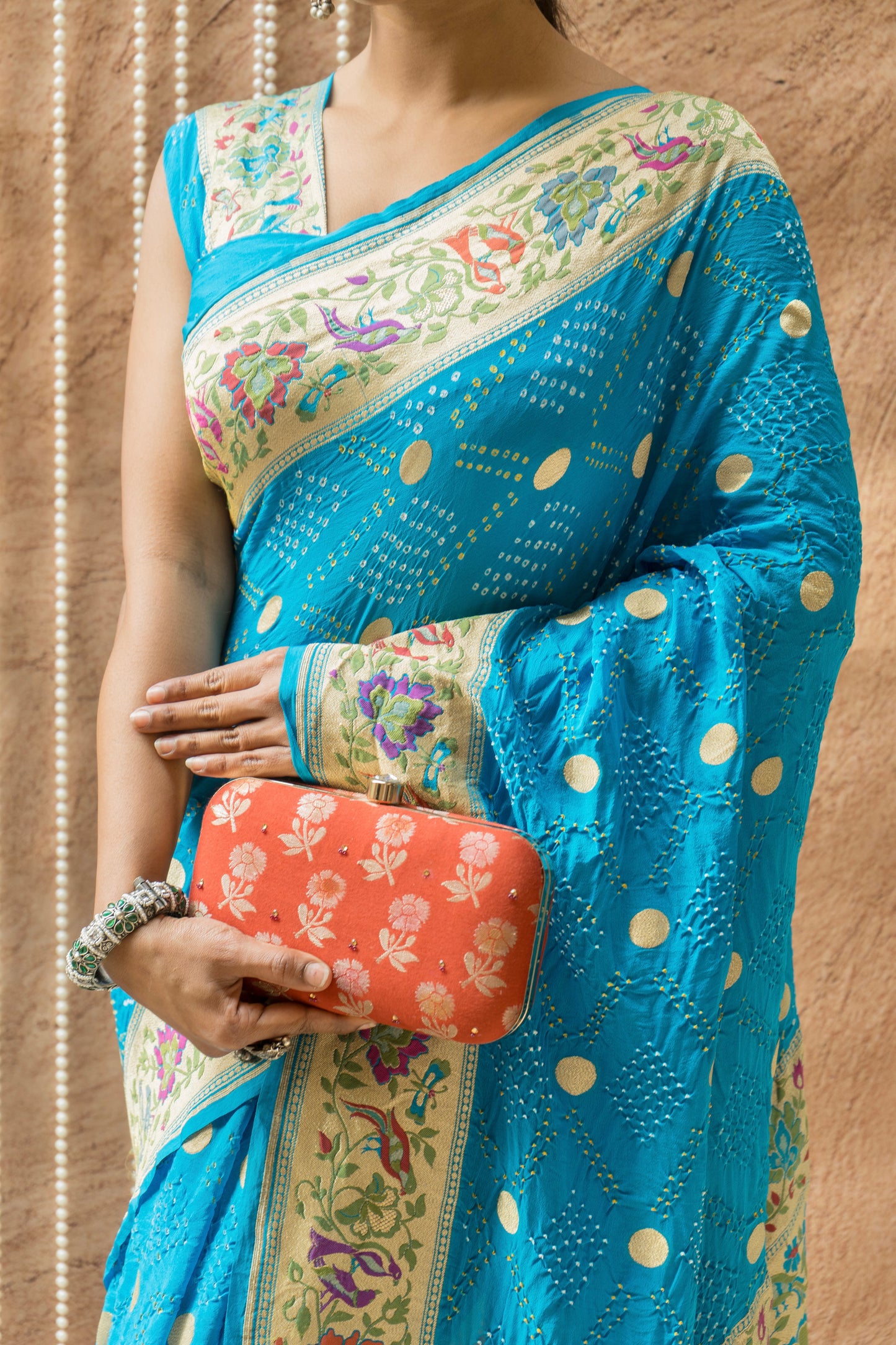Georgette Paithani Meenakari Blue Bandhej Saree