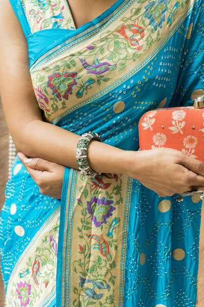 Georgette Paithani Meenakari Blue Bandhej Saree