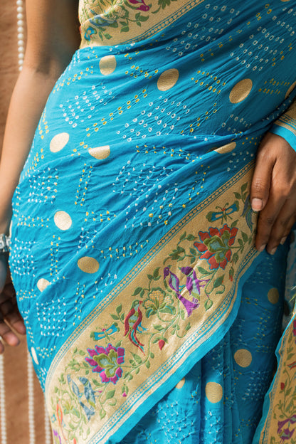 Georgette Paithani Meenakari Blue Bandhej Saree
