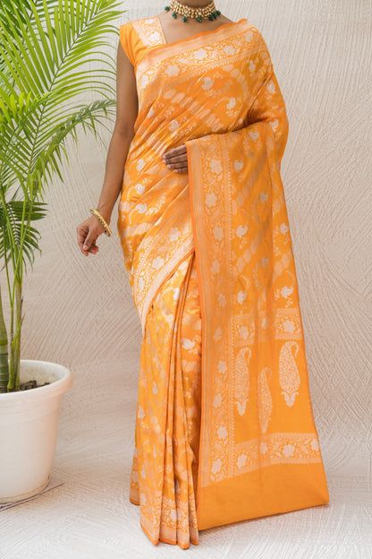 Katan Leheriya Silver Golden Yellow Saree