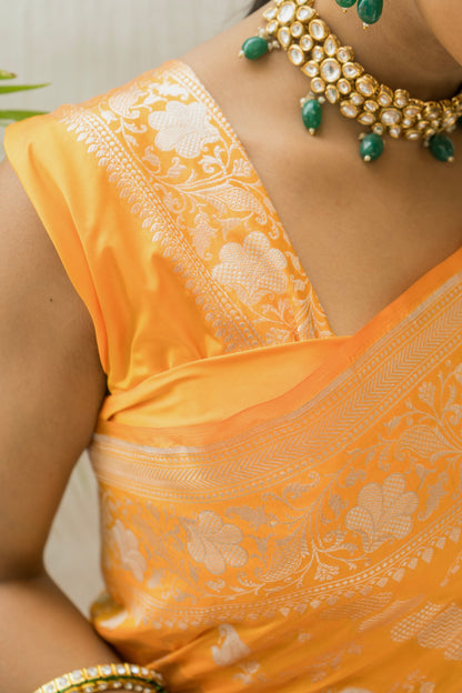 Katan Leheriya Silver Golden Yellow Saree