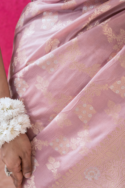 Katan Silver Golden Floral Jaal Pastel Pink Saree